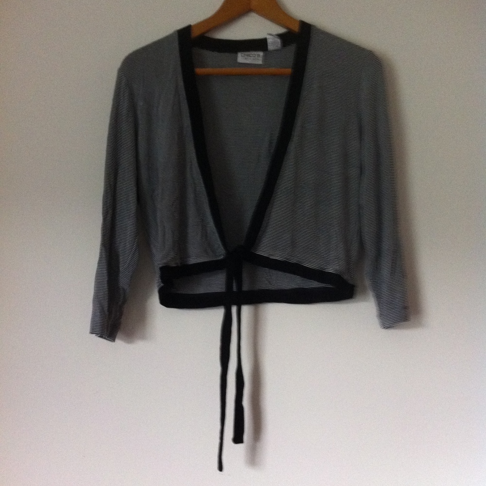 Chico's Black & White Striped Stretchy Shrug